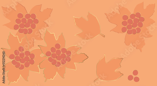 Original graphic wallpaper in orange tones. Background. Viburnum leaves and berries with additional decoration with golden lines.