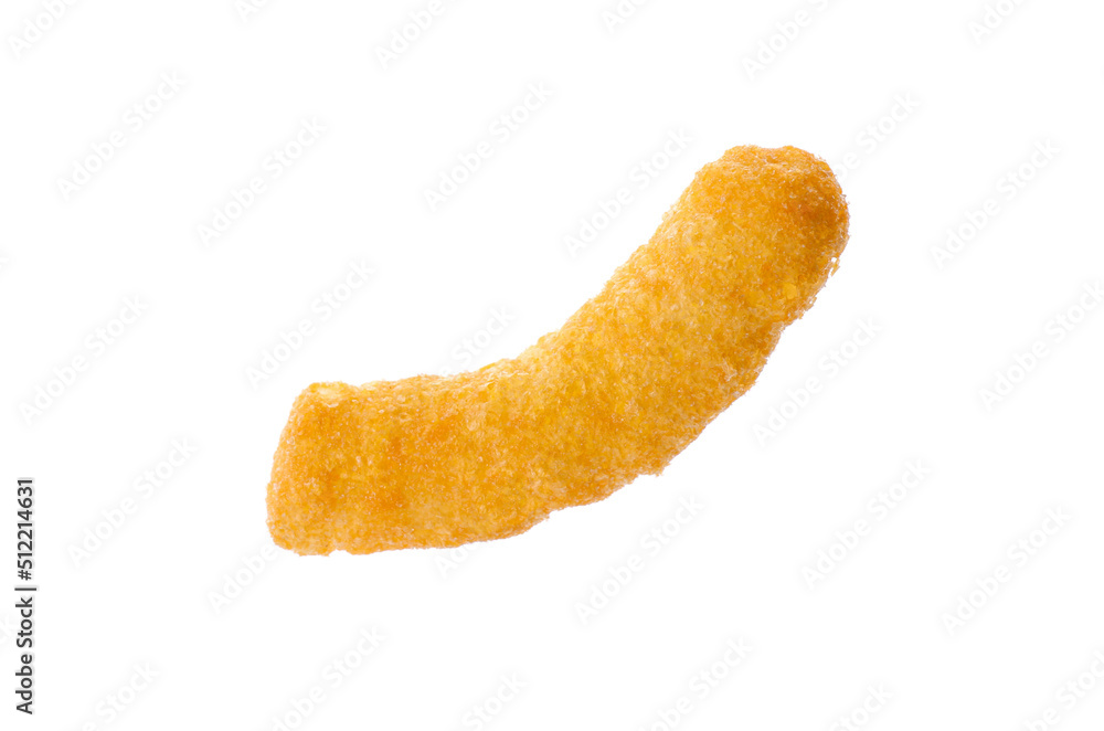 One tasty cheesy corn puff isolated on white One tasty cheesy corn puff isolated on white
