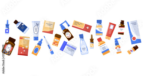 Long border with different medicines,pharmacy drugs.Vector illustration