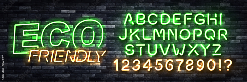 Vector realistic isolated neon sign of Eco Friendly with easy to change color alphabet on the wall background.