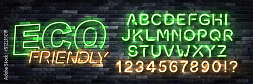 Vector realistic isolated neon sign of Eco Friendly with easy to change color alphabet on the wall background.