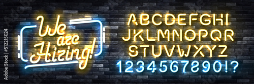Vector realistic isolated neon sign of We Are Hiring with easy to change color alphabet on the wall background.
