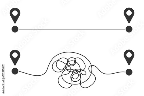 Straight and curved paths from start to finish map pins signs. Easy and hard way, ideal and real plan, fast and slow delivery concept isolated on white background. Simple graphic vector illustration