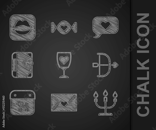 Set Glass of champagne, Envelope with Valentine heart, Candlestick, Bow arrow, Calendar February 14, Love diary, Heart speech bubble and Smiling lips icon. Vector