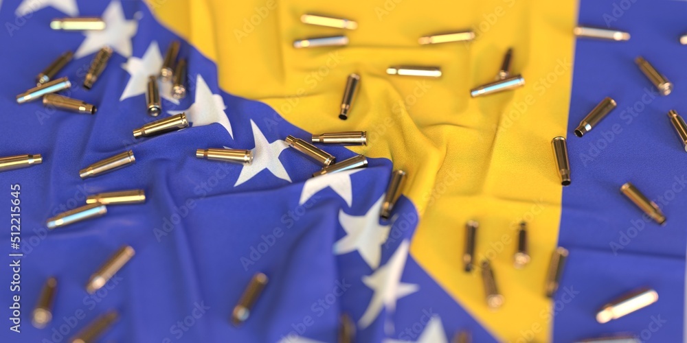 Flag of Bosnia and Herzegovina and bullet shells. Crime or war related 3D rendering Flag of Bosnia and Herzegovina and bullet shells. Crime or war related 3D rendering