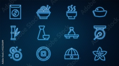 Set line Lotus flower, Gong, Chinese tea ceremony, Bamboo, Yin Yang and envelope, Dumpling cutting board and Asian noodles bowl icon. Vector