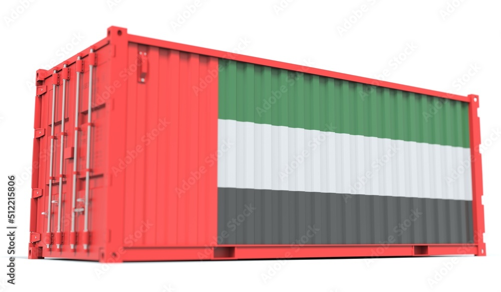 National flag of the UAE on the side of a cargo container. Conceptual 3d rendering National flag of the UAE on the side of a cargo container. Conceptual 3d rendering