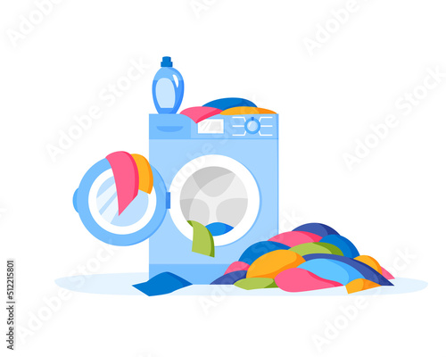 Pile of dirty clothes on floor. Washing machine and liquid detergent bottle. Heap of dirty laundry. Stack of dirty apparel on laundry day. Flat illustration.