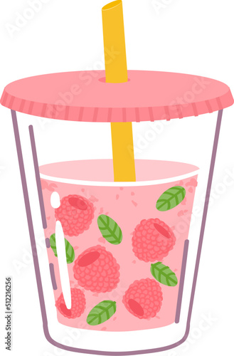 Raspberry juice in glass with straw