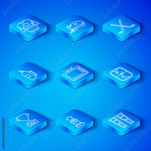 Set line Award cup, Retro tv, Air hockey table, Ice sticks, Fitness shaker, Hockey jersey and Crutch or crutches icon. Vector