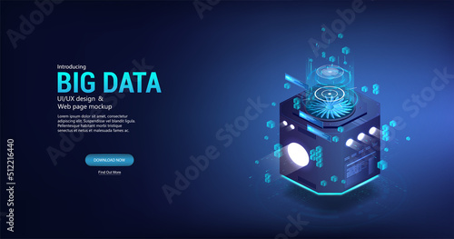 Remote server for processing and storing large amounts of data. 3D blue isometric illustration. Big data streams pass through the server and are sorted. Server computer block, cloud storage. 3D vector