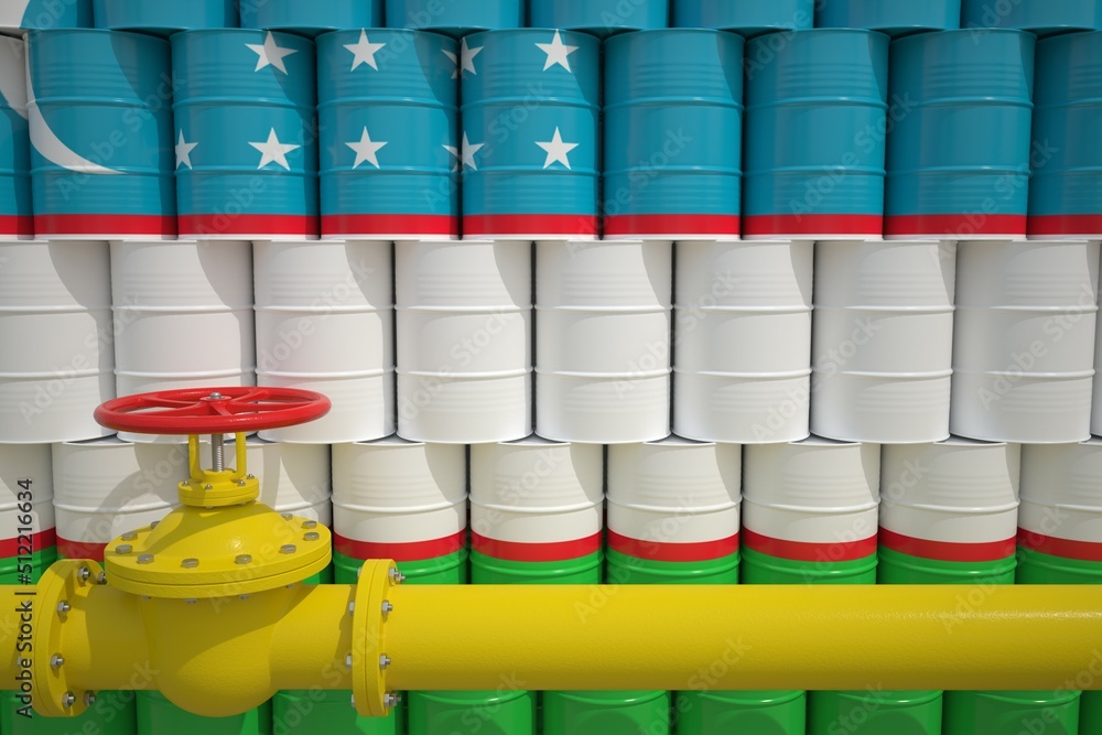 Gas pipe and barrels with petrochemicals with flag of Uzbekistan. Petroleum industry related 3d rendering Gas pipe and barrels with petrochemicals with flag of Uzbekistan. Petroleum industry related 3d rendering