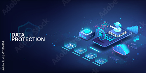 Protecting data and personal information on your mobile phone. 3D isometric illustration with shield and authorization in different ways. Applications for the protection of personal data. 3D vector