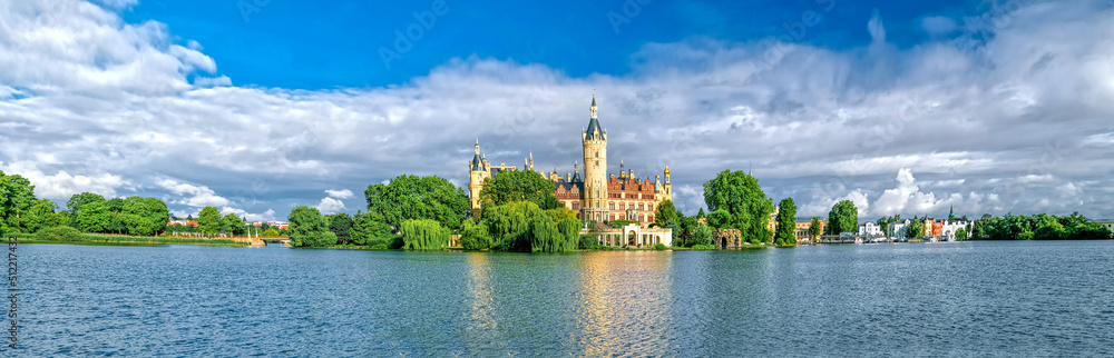 castle of schwerin in germany. Banner for travel goals and sights of city breaks. landmarks, travel guide Europe. Postcard Schwerin
