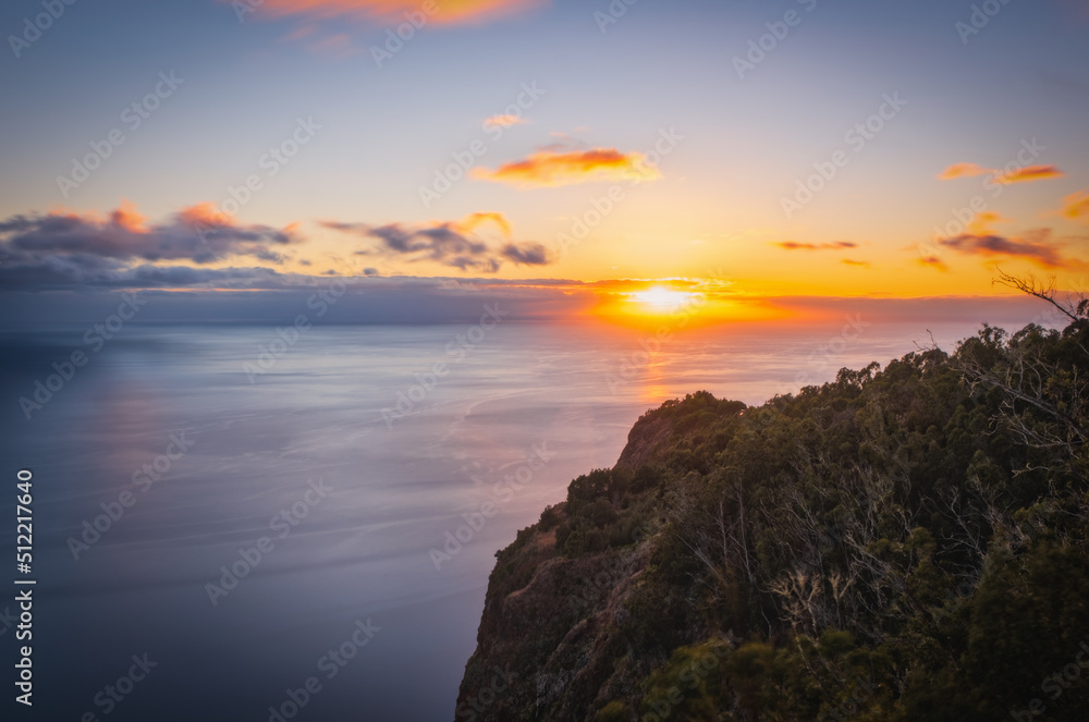 Sunset view from viewpoint Cabo Girao on Madeira island, Portugal. October 2021