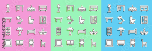 Set line Chair, Chandelier, Wardrobe, Table lamp, Wooden table, Floor and Toilet bowl icon. Vector