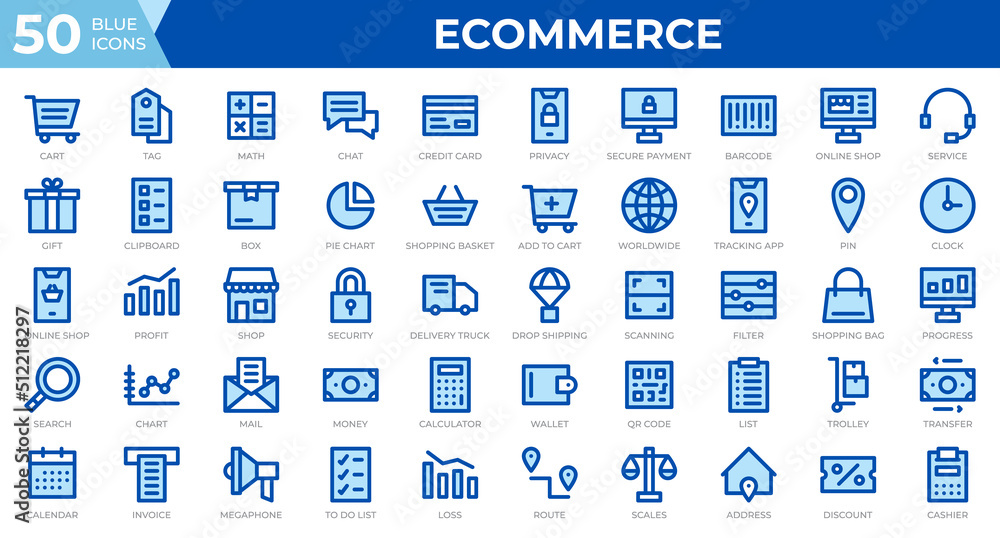 Set of 50 Ecommerce web icons in line blue style. Credit card, profit, invoice. Outline icons collection. Vector illustration Set of 50 Ecommerce web icons in line blue style. Credit card, profit, invoice. Outline icons collection. Vector illustration