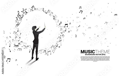 Vector silhouette of conductor with music melody note dancing flow . Concept background for classic music concert and recreation.