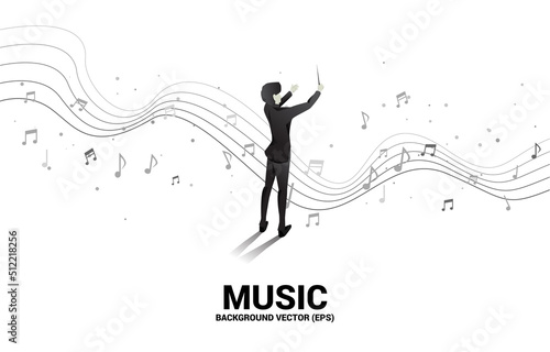 Vector silhouette of conductor standing with flying music note . Concept background for orchestra concert and recreation.