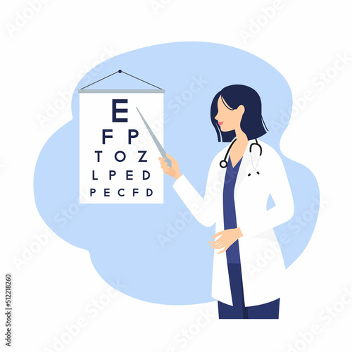 Cartoon girl ophthalmologist with chart testing eyesight. Ophthalmologist at Hospital.