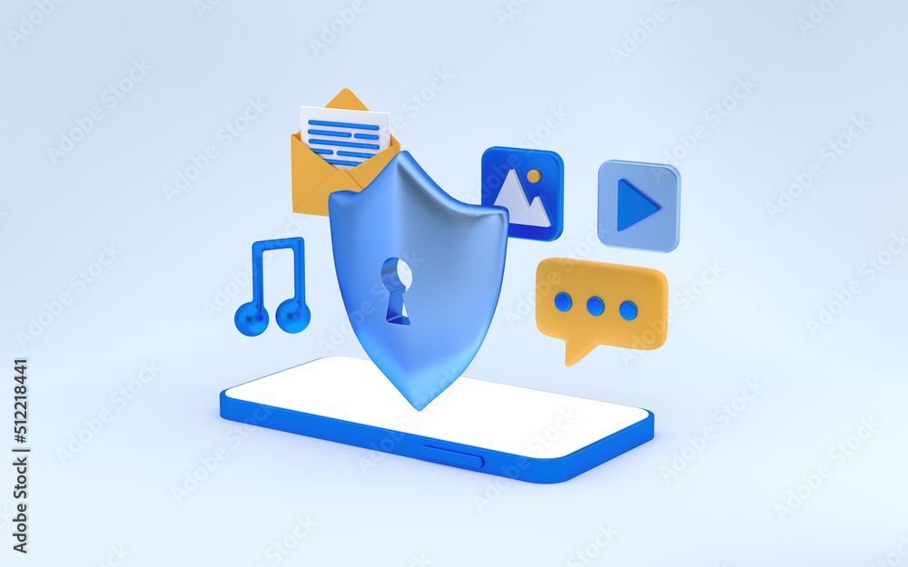 Fototapeta premium Shield protecting personal data information. Cyber security concept protection from data leaks. Online safety. 3d rendering