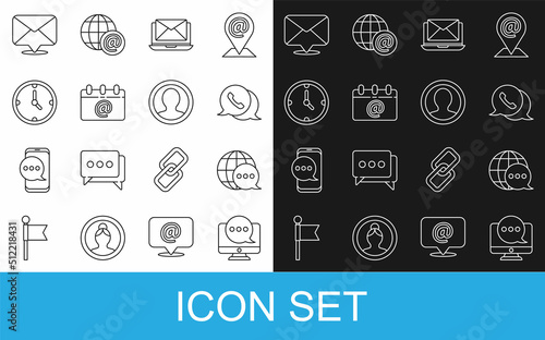 Set line Chat messages notification on monitor, World map made from speech bubble, Telephone with chat, Laptop envelope, Calendar email, Clock, Envelope and Create account screen icon. Vector