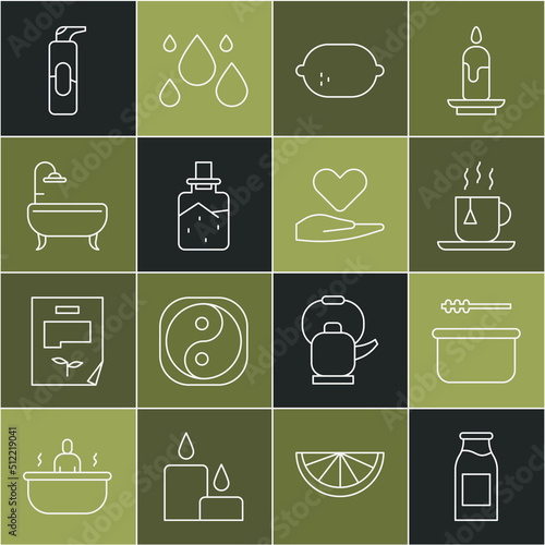 Set line Bottle with milk, Sauna bucket and ladle, Cup of tea tea bag, Lemon, Spa salt, Bathtub, Spray can for hairspray and Heart hand icon. Vector
