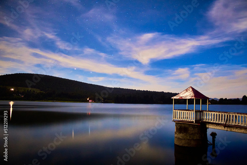 moonlight at lake in the evening with sky full of stars and dark forest in the background in the presa brockman el oro de hidalgo state of mexico © Alex Borderline