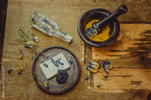 homemade soap. different objects lie on the table, still life, making soap at home