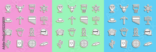 Set line Gold bars, Bang boom, gun Comic, Road traffic signpost, Drum, Pickaxe, Western cowboy hat, Location and Pan flute icon. Vector