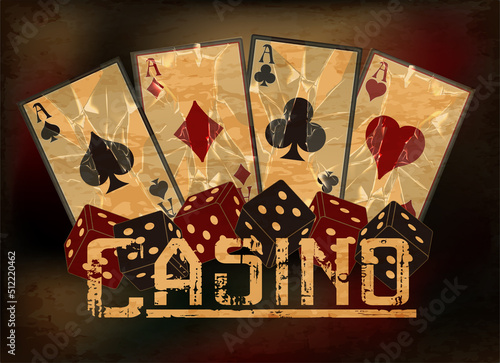 Casino banner with dice and poker cards, vector illustration