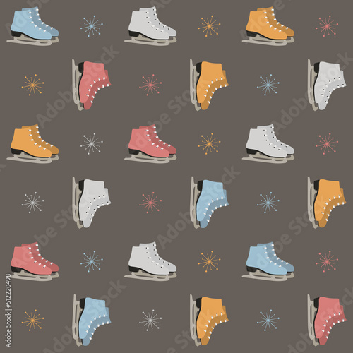 Colorful ice skates seamless pattern with snowflakes on a dark background