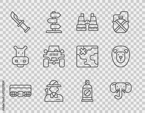 Set line Hunting cartridge belt, Elephant, Binoculars, Hunter, knife, Off road, Spray against insects and Wild lion icon. Vector