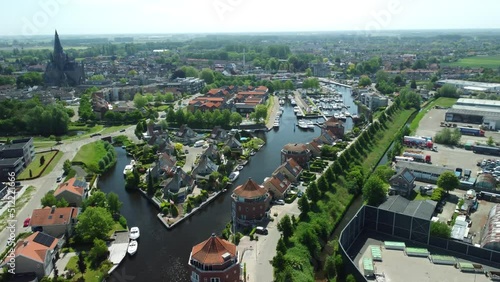 Aerial view of city of Steenbergen in Brabant the Netherlands with port marina in city center