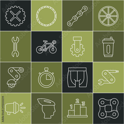 Set line Bicycle chain, Swiss army knife, Sport bottle with water, Wrench spanner, sprocket crank and Derailleur bicycle rear icon. Vector