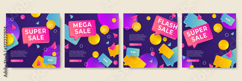 Sale and design background set with colorful abstract shapes. Special offer mega sale background template. Vector illustration promotion big super sale banner. Discount design for poster and web.