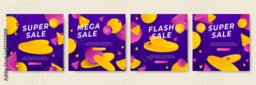 Sale and design background set with colorful abstract shapes. Special offer mega sale background template. Vector illustration promotion big super sale banner. Discount design for poster and web.