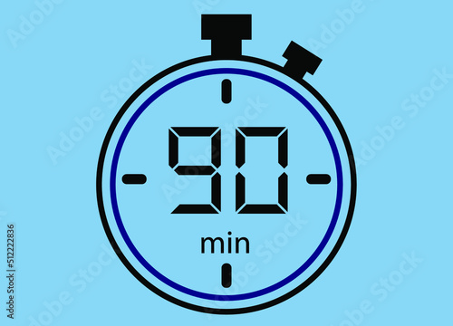 90 minutes icon isolated on blue background. Watch, timer, countdown symbol.