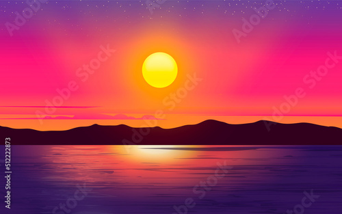 Evening illustration abstract wallpaper backdrop with sunset  mountain  and water. Scenery background design