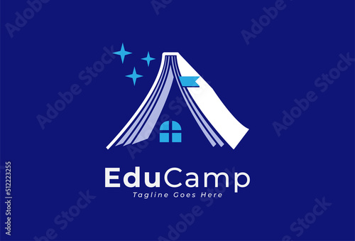 Education logo, book and school camp combination, flat design logo template, vector illustration