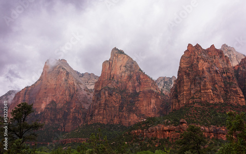 The Three Patriarchs on a rainy spring day at Zion National Park, Utah