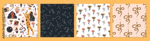 Set of magical themed seamless patterns. Celestial backgrounds collection vector illustrations.