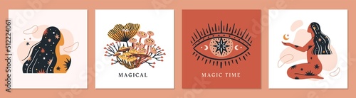 Set of magical themed square cards templates. Spiritual collection hand drawn vector illustrations.
