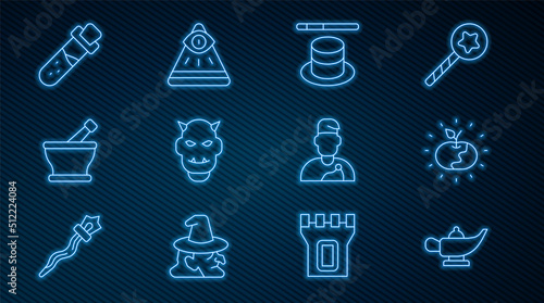 Set line Magic lamp or Aladdin, Poison apple, hat and wand, Mask of the devil with horns, Mortar pestle, Bottle potion, Wizard warlock and Masons icon. Vector