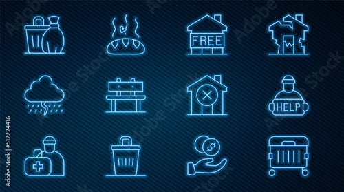 Set line Trash can, Help homeless, Shelter for, Bench, Cloud with rain, No house and Donation food icon. Vector