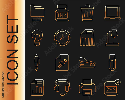 Set line Envelope, USB flash drive, Table lamp, Trash can, Clock, Light bulb, Document folder and Paper shredder icon. Vector