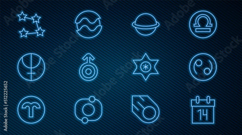 Set line Calendar, Cancer zodiac, Planet Saturn, Symbol Uranus, Neptune planet, Star constellation, Falling star and icon. Vector