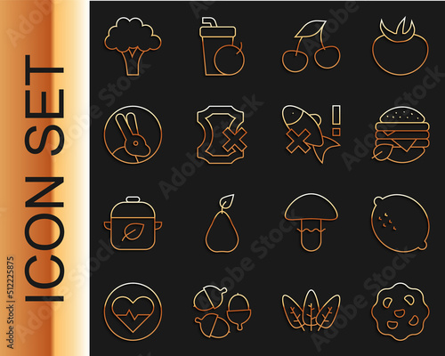 Set line Cookie or biscuit, Lemon, Vegan food diet, Fresh berries, No leather, Rabbit, Broccoli and fish icon. Vector