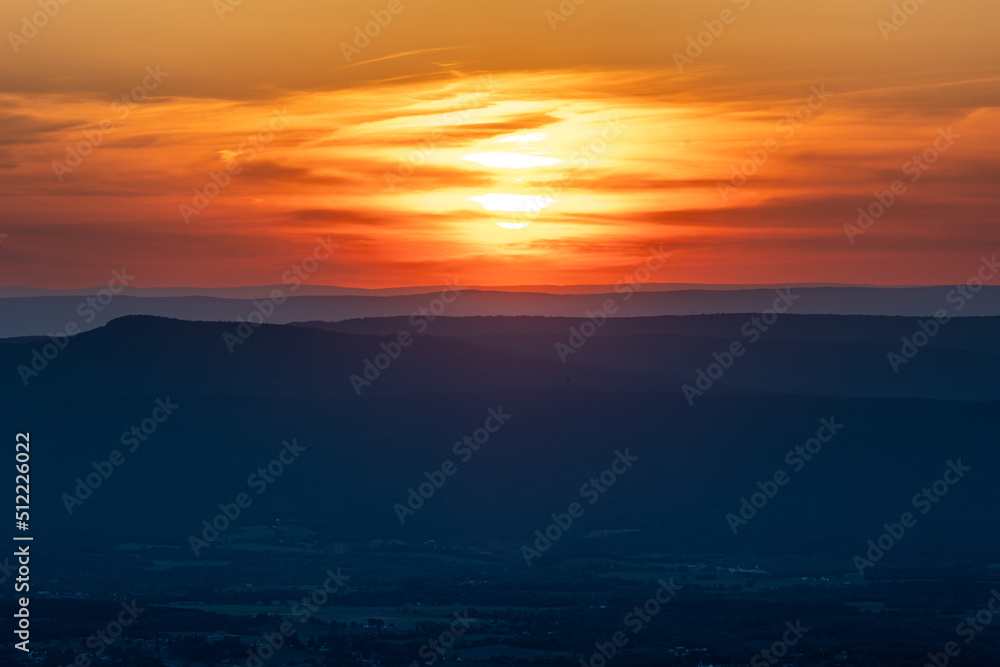The sun sets over the Blue Ridge mountains in Shenandoah National Park