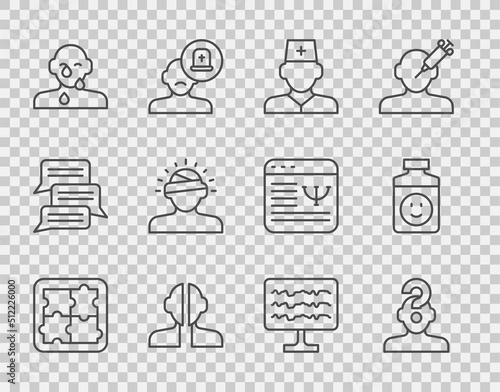 Set line Solution problem in psychology, Human with question mark, Male doctor, Bipolar disorder, Tear cry eye, Concussion, headache, Encephalogram and Antidepressants icon. Vector